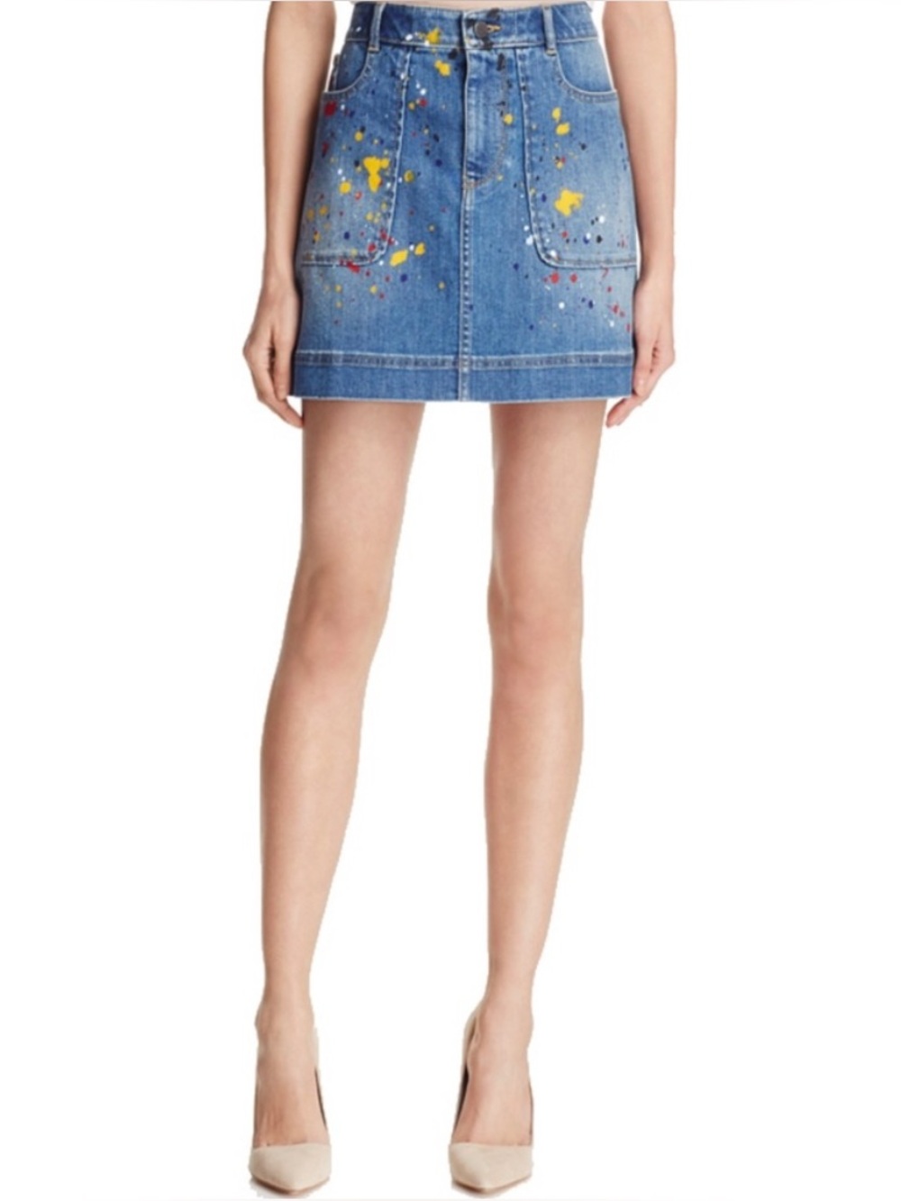 Alice + Olivia Coletta Denim Mini Skirt Splatter Paint Size 4 (28) - Picture 4 of 14